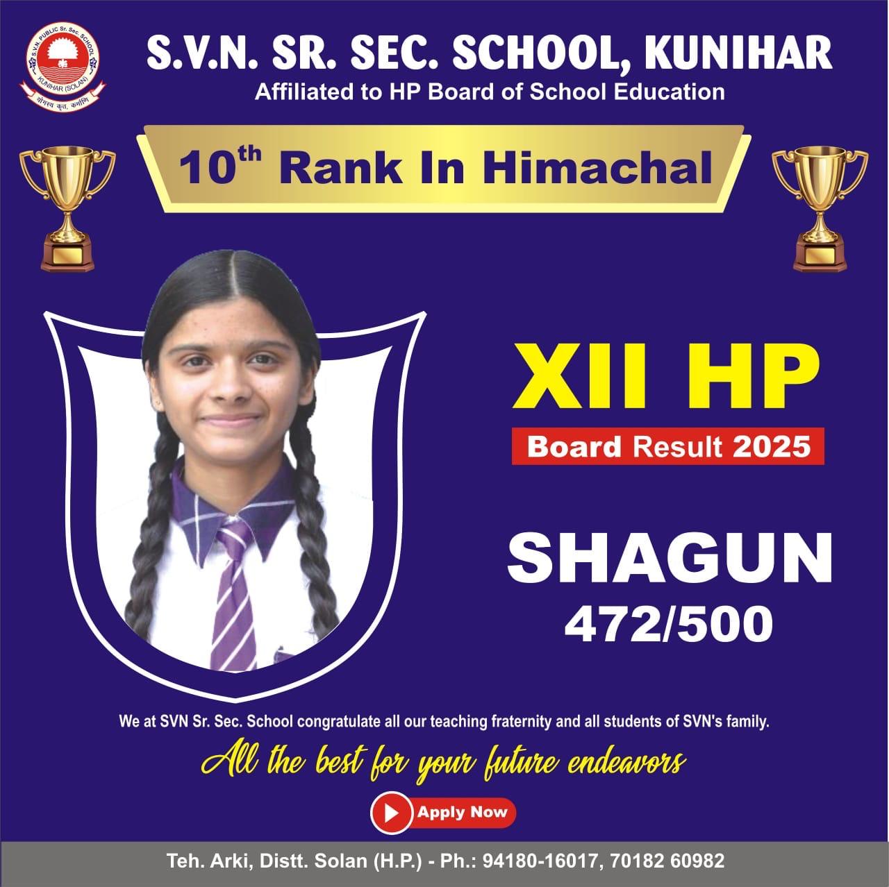 एसवीएन विद्यालय कुनिहार की छात्रा शगुन प्लस टू हिमाचल मेरिट की टॉप टेन में ।